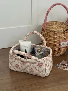 French Toile de Jouy Quilted Storage Basket Small Desktop Cosmetic Organizer Fabric Bin