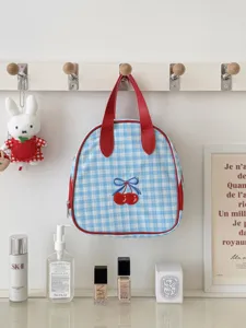 Blue gingham cherry cosmetic bag, cute travel makeup pouch with red handle, portable.