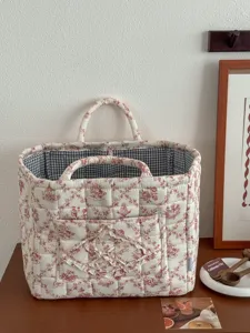 French quilted fabric storage basket vintage floral desktop organizer with handles and pocket
