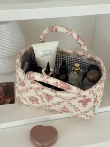 French style fabric storage basket with red floral print, desktop organizer for cosmetics.