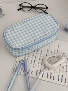 Blue and white checkered pencil case, large capacity stationery storage box for students.