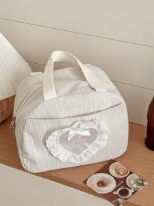 Süße Kord-Lunchtasche mit Spitzenherz Tasche ästhetische Studenten Pendler Handtasche Aufbewahrung.