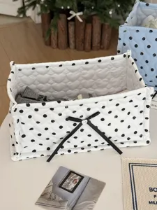 Quilted Rectangular Storage Basket with Black Polka Dots and Bow Desktop Organizer Bin