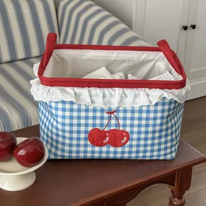 Polyester Kariert Aufbewahrungskorb Kirsche Stickerei Organisieren Korb Mit Griffe Und Spitzenborte Für Kleidung Home Decor Organisation