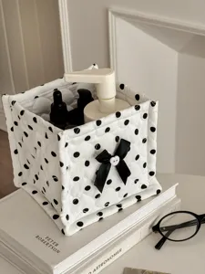 Quilted Storage Basket with Bow Polka Dot Cute Desktop Organizer for Dorm Room Bedroom