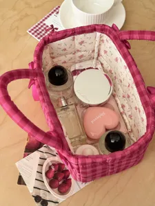 Pink plaid quilted storage basket retro floral cotton cosmetic organizer cute handbag.