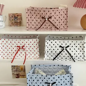Quilted Polka Dot Rectangular Storage Box Nylon Desktop Organizer Basket With Bow For Cosmetics Stationery Home Office Decor