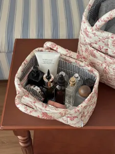 French quilted storage basket floral desktop cosmetic organizer cute fabric storage box bin