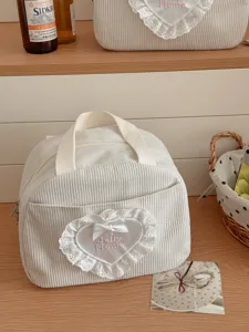 Kord-Lunchtasche mit Spitzen-Herztasche, große Kapazität, Studenten- und Pendlertragetasche.