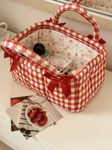French vintage red white gingham quilted storage basket with sweet bows and floral inner lining.
