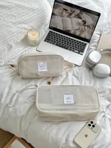 Beige Netz Make-up Tasche stehbar Reise Kosmetiktasche groesse Kapazitaet Kulturbeutel schick