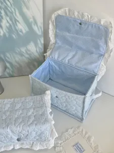 Blue quilted storage basket with lace trim, large capacity rectangular fabric box for dorm.