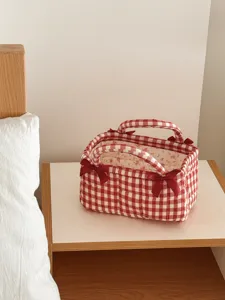 French retro red white gingham quilted storage basket with sweet bow for bedroom organization