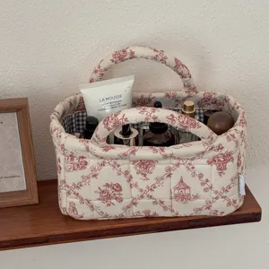 French Retro Red Vine Floral Print Quilted Cotton Fabric Desktop Storage Basket With Handles Small Organizer For Cosmetic Snack
