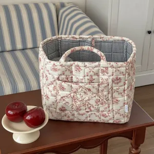 French vintage quilted fabric storage basket with floral toile print, cute pocket and handles.