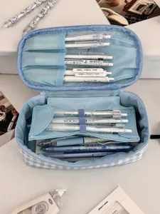 Large capacity plaid pencil case, multi-layer cute stationery storage bag for students.