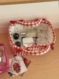 Red and white checkered quilted storage basket with cute bows, French vintage desktop organizer.