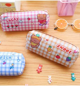 Estuche de lápices a cuadros con oso, gran capacidad impermeable para estudiantes y niñas.