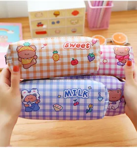 Estuche de lápices a cuadros lindo con osito, gran capacidad impermeable bolsa de papelería.