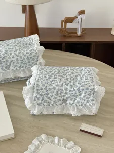 Blauer Stoff Aufbewahrungskorb mit weißer Spitze Desktop Organizer tragbare Aufbewahrungsbox