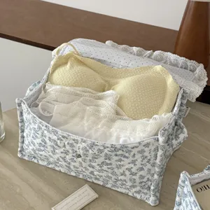 Blauer floraler Stoff Aufbewahrungsbox Tisch Organizer schöner tragbarer Korb mit Spitze