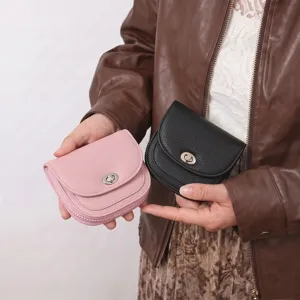Japanese Style Small Round Coin Purse For Women Lychee Pattern PU Leather Wallet With Metal Lock Zipper Mini Card Holder Macaron Color
