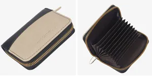 Close-up of accordion card holder interior with multiple slots, durable zipper and contrast design.