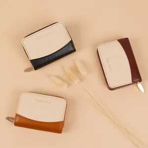 Women's Fashion Accordion Card Holder PU Leather Fabric Patchwork Multi-Slot Zipper Wallet Small Coin Purse Credit Card Case Daily Organizer