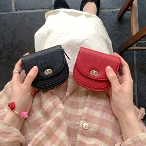 Mini leather coin purse with turn lock closure, cute macaron color small saddle bag for women.