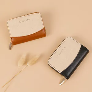 Detailed view of women zip card holder, dual-tone minimalist wallet with multiple slots.