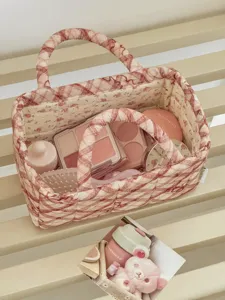 Quilted plaid storage basket for desktop sundries, cute bow fabric organizer for home use.