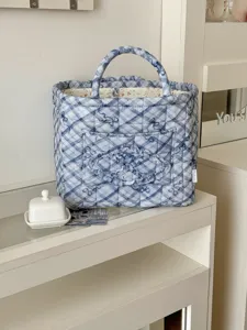 Gesteppter Schleifen-Aufbewahrungskorb, blau-weißer Karo-Shopper, süßes Blumenfutter, groß.