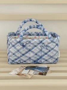 Quilted fabric storage basket with blue plaid bow pattern desktop sundries organizer bin