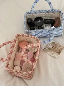 Quilted bow storage basket, fabric desktop organizer for makeup and daily sundries.