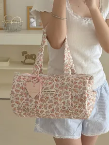 Borsa da Donna Trapuntata Floreale Grande Capacità Cilindrica Borsa Mamma Cotone Viaggio Borsa di Stoccaggio Dolce Stampa Floreale Tote Bag