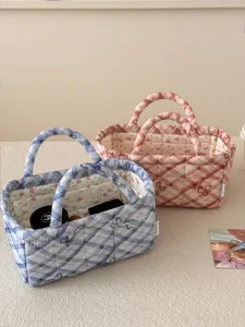 Quilted Cotton Storage Basket Diamond Lattice Bowknot Desktop Organizer Bin Sweet Fabric Household Grid Storage Basket Basket