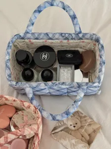 Quilted plaid fabric storage basket desktop cosmetic organizer cute storage basket 1pc.
