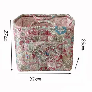 Gesteppter Aufbewahrungskorb mit grossem Volumen, Stoff Organizer Box in Rosa mit Blumenmuster.