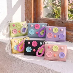 Korean style colorful trifold wallet with buttons and spring wristlet, trendy minimalist coin purse.
