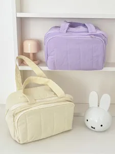 Quilted nylon cosmetic bag, soft cloud toiletry bag with handle, large capacity storage pouch.