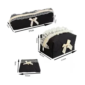 Bolsa cosmética acolchada negra con encaje, estuche lindo con lazo y perla para lápices. Ideal uso.