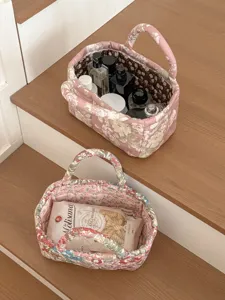 Quilted fabric storage basket floral home organizer desktop sundries basket container