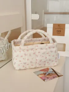 Gesteppter Stoffaufbewahrungskorb mit Blumenmuster, süßer Desktop-Organizer für Snacks und Diverses.