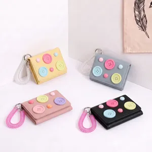 Dopamine color small wallet with spring keychain and cute button decor, tri-fold card holder.