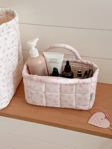 Rosa gesteppter Aufbewahrungskorb mit Blumenmuster, Tisch Organizer für Kosmetik.