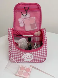 Roze en witte geruite cosmetische tas met grote capaciteit draagbare make-up opbergtas en haak.