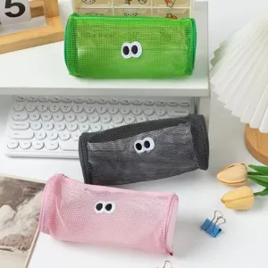 Zylinder-Netzfedertasche mit süßem großen Augen-Design, tragbare Schreibwaren-Aufbewahrungstasche.