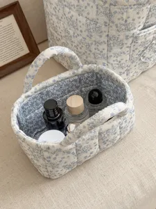 Corduroy bloemen opbergmand, schattige gewatteerde cosmetische organisator tas voor thuis.