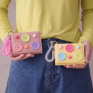 Dopamine color trifold mini wallet with spring rope and cute button decor for daily use.