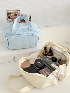 Large capacity solid color nylon cosmetic bag, soft cloud toiletry organizer for daily travel use.